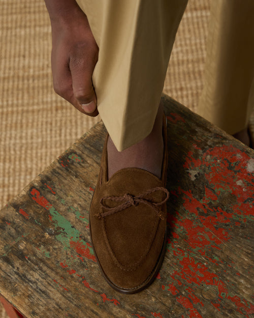 Aristo | Belgian Tassel Loafer – Tobacco Brown Washed Suede with Leather Sole & Double Cushioning