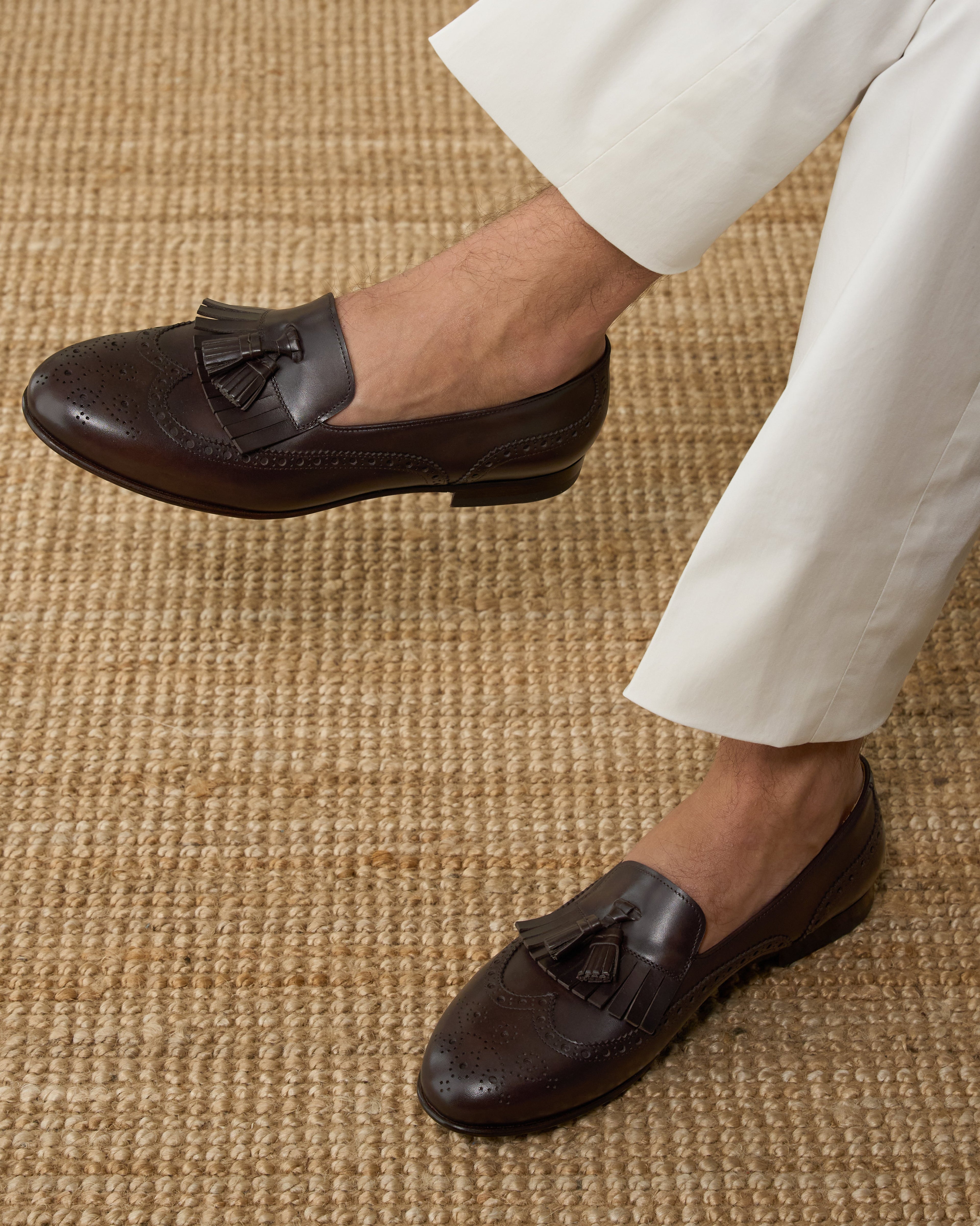 Maruse | Dark Brown Antiqued Leather Finish Belgian Tassel Loafer with Leather Sole