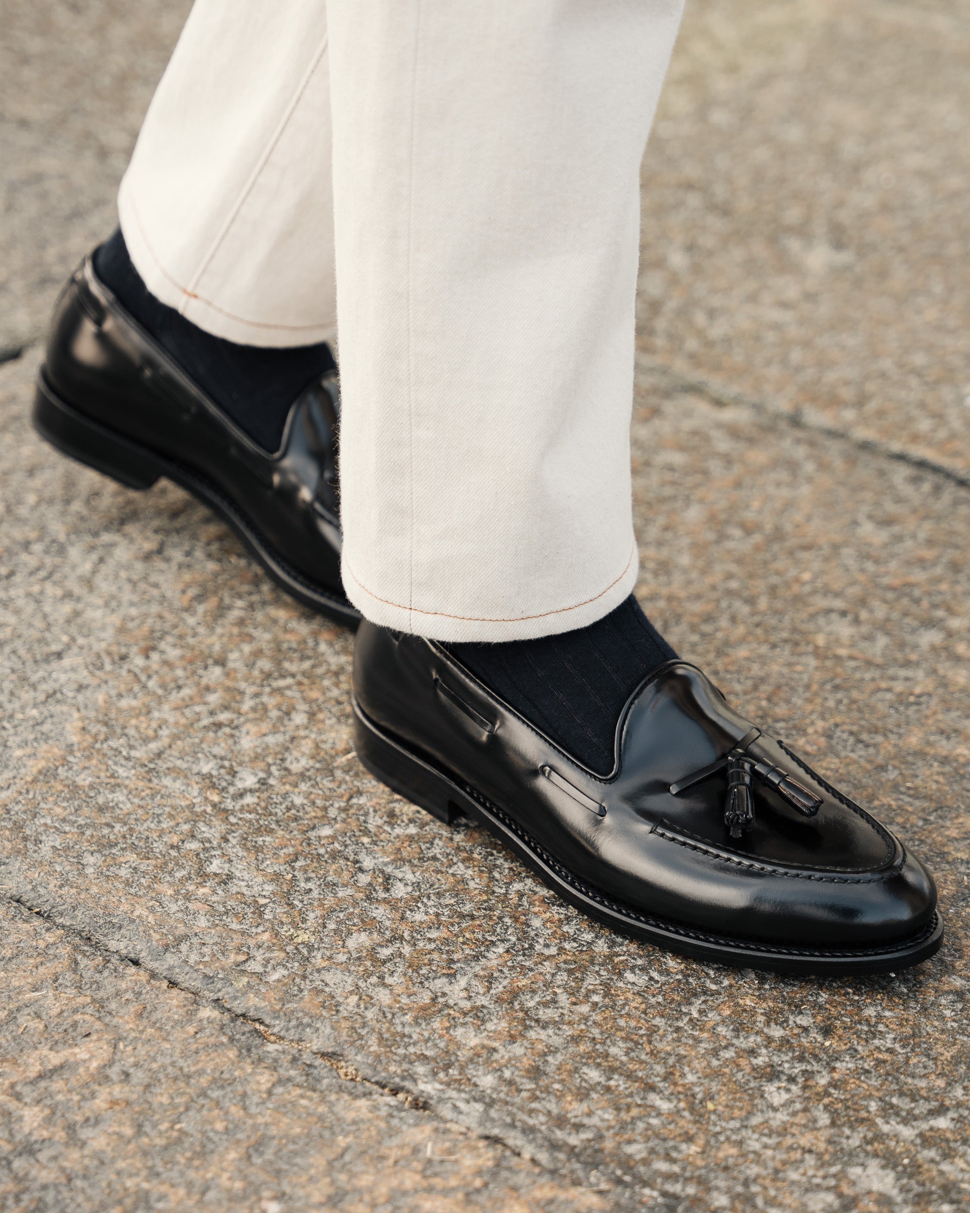 Castello | Tassel Loafer - Black Smooth Leather with Classic Stitching and Leather Sole