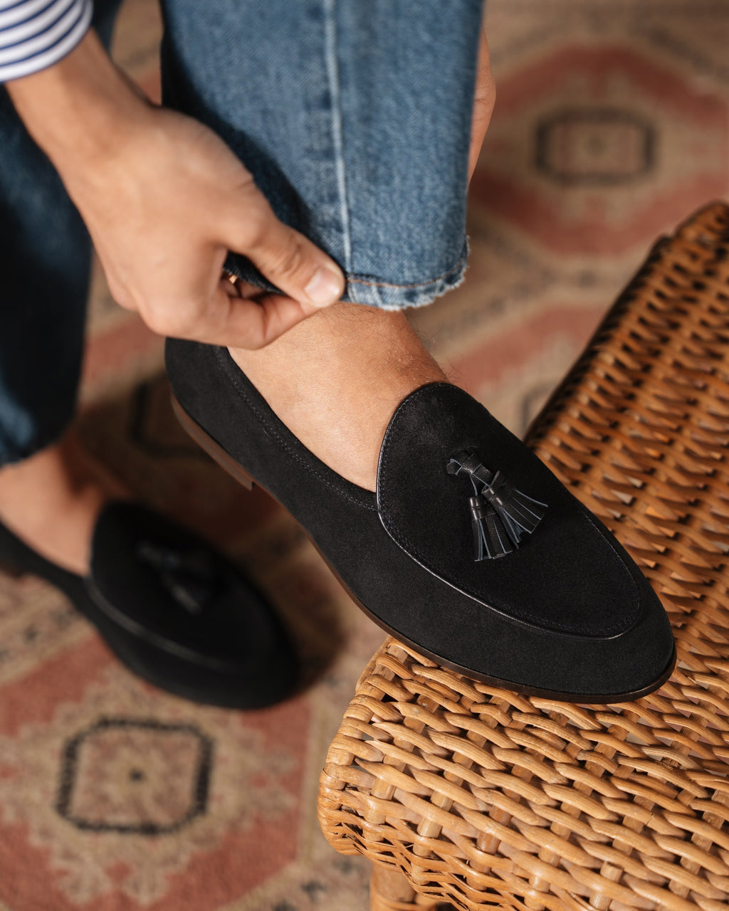 Bellagio Tassel Loafer – Black Suede Calf Leather with Premium Leather Sole